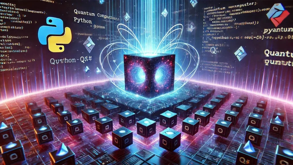 Futuristic quantum computer with glowing circuits and code overlay symbolizing quantum programming languages in 2025